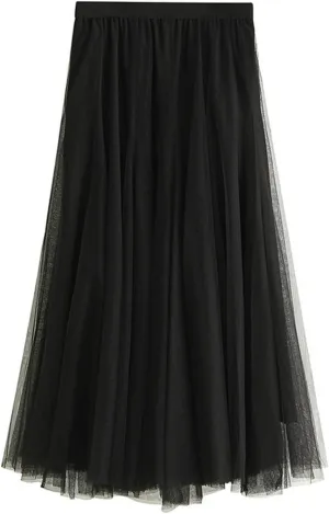 Daysskk Women's Tulle Skirt Elegant Pleated Skirts for Women Midi Length Elastic Waist