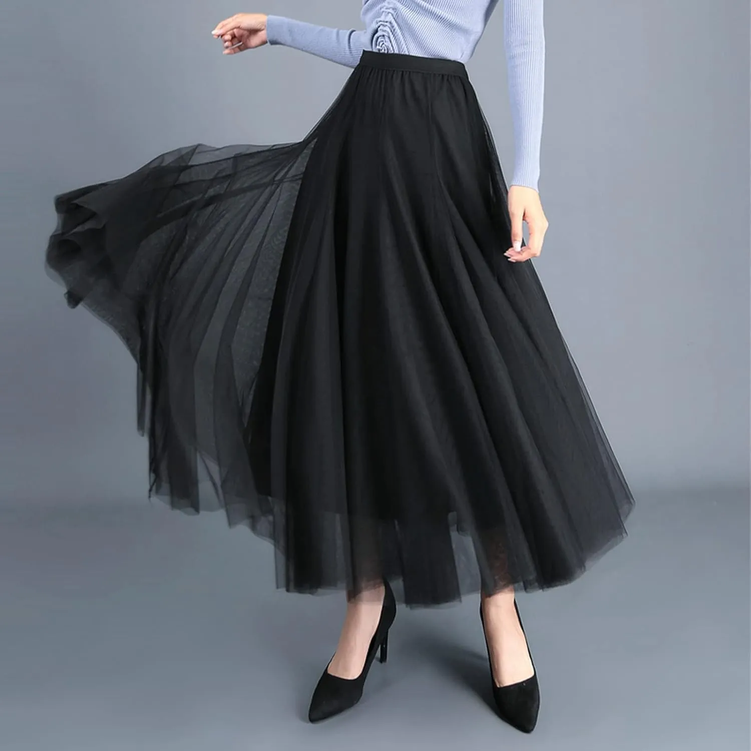 Daysskk Women's Tulle Skirt Elegant Pleated Skirts for Women Midi Length Elastic Waist