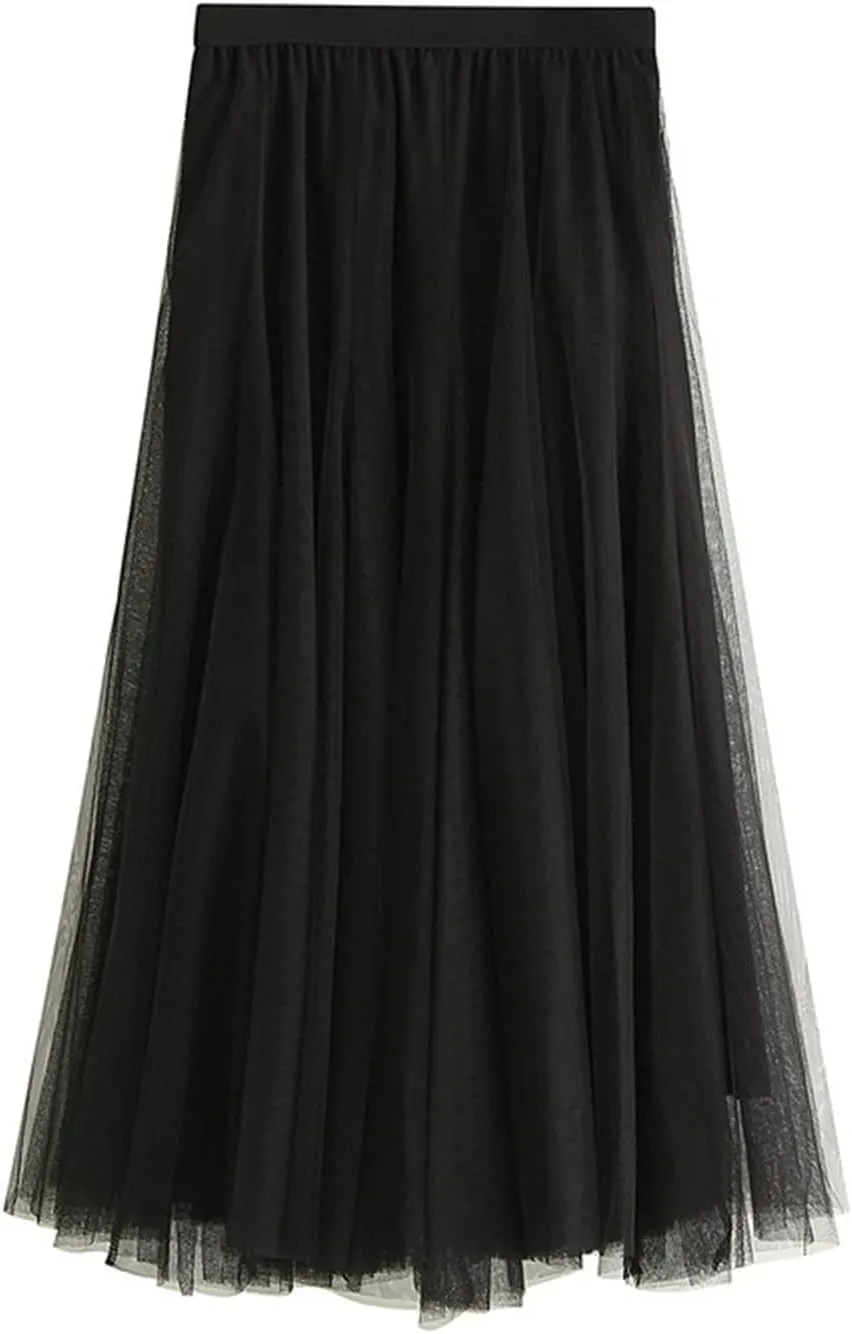 Daysskk Women's Tulle Skirt Elegant Pleated Skirts for Women Midi Length Elastic Waist