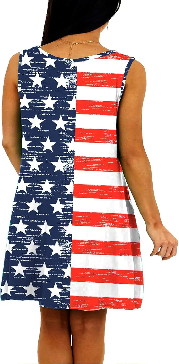 Deerose Women 4th of July Sleeeveless Dress Patriotic V Neck Tank Dresses with Pockets