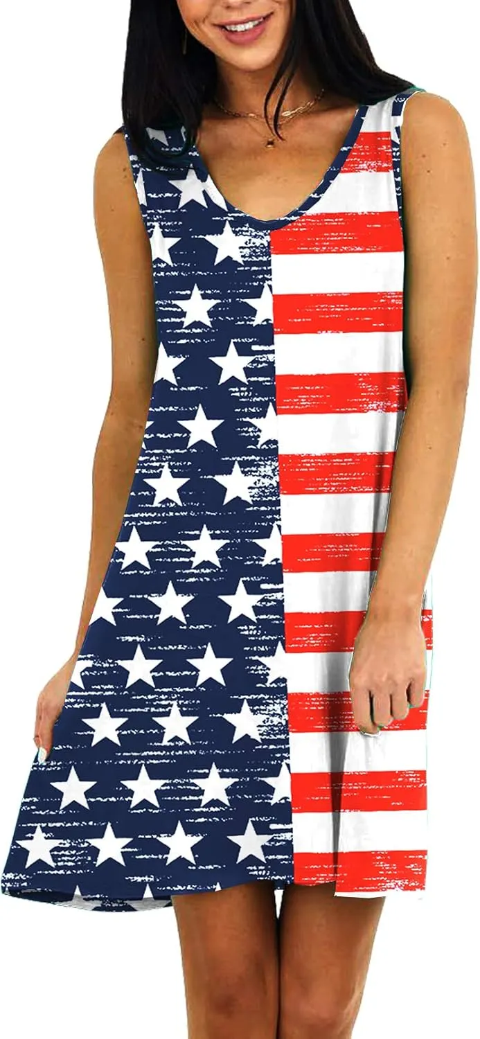 Deerose Women 4th of July Sleeeveless Dress Patriotic V Neck Tank Dresses with Pockets