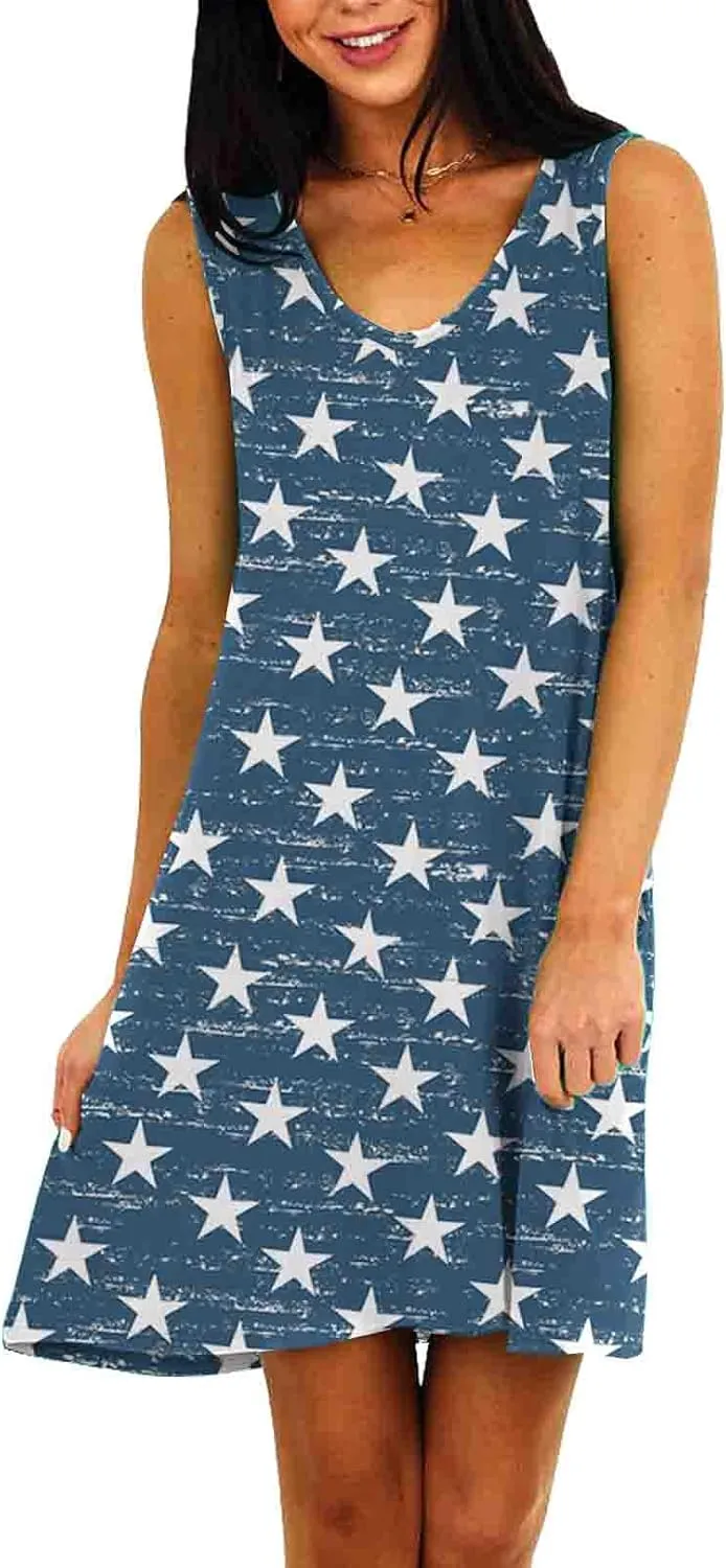 Deerose Women 4th of July Sleeeveless Dress Patriotic V Neck Tank Dresses with Pockets