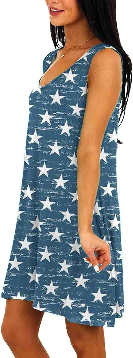 Deerose Women 4th of July Sleeeveless Dress Patriotic V Neck Tank Dresses with Pockets