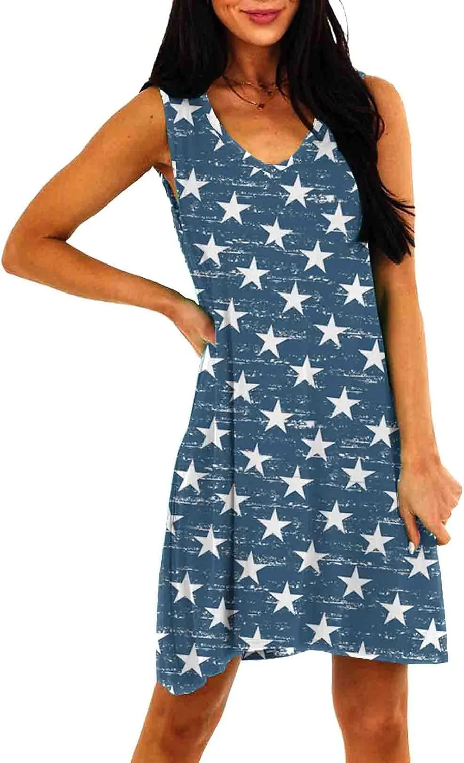Deerose Women 4th of July Sleeeveless Dress Patriotic V Neck Tank Dresses with Pockets
