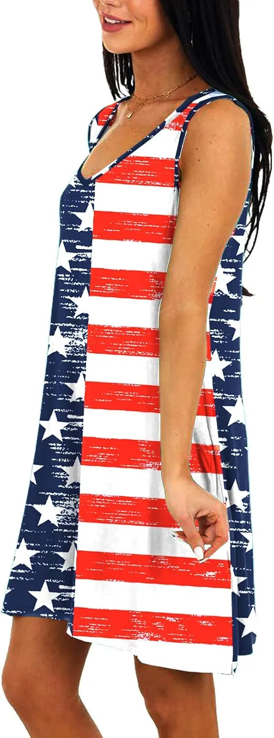 Deerose Women 4th of July Sleeeveless Dress Patriotic V Neck Tank Dresses with Pockets