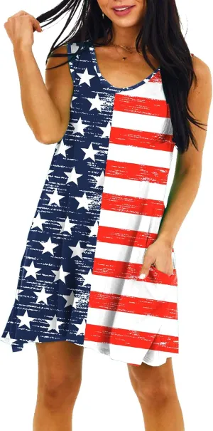 Deerose Women 4th of July Sleeeveless Dress Patriotic V Neck Tank Dresses with Pockets