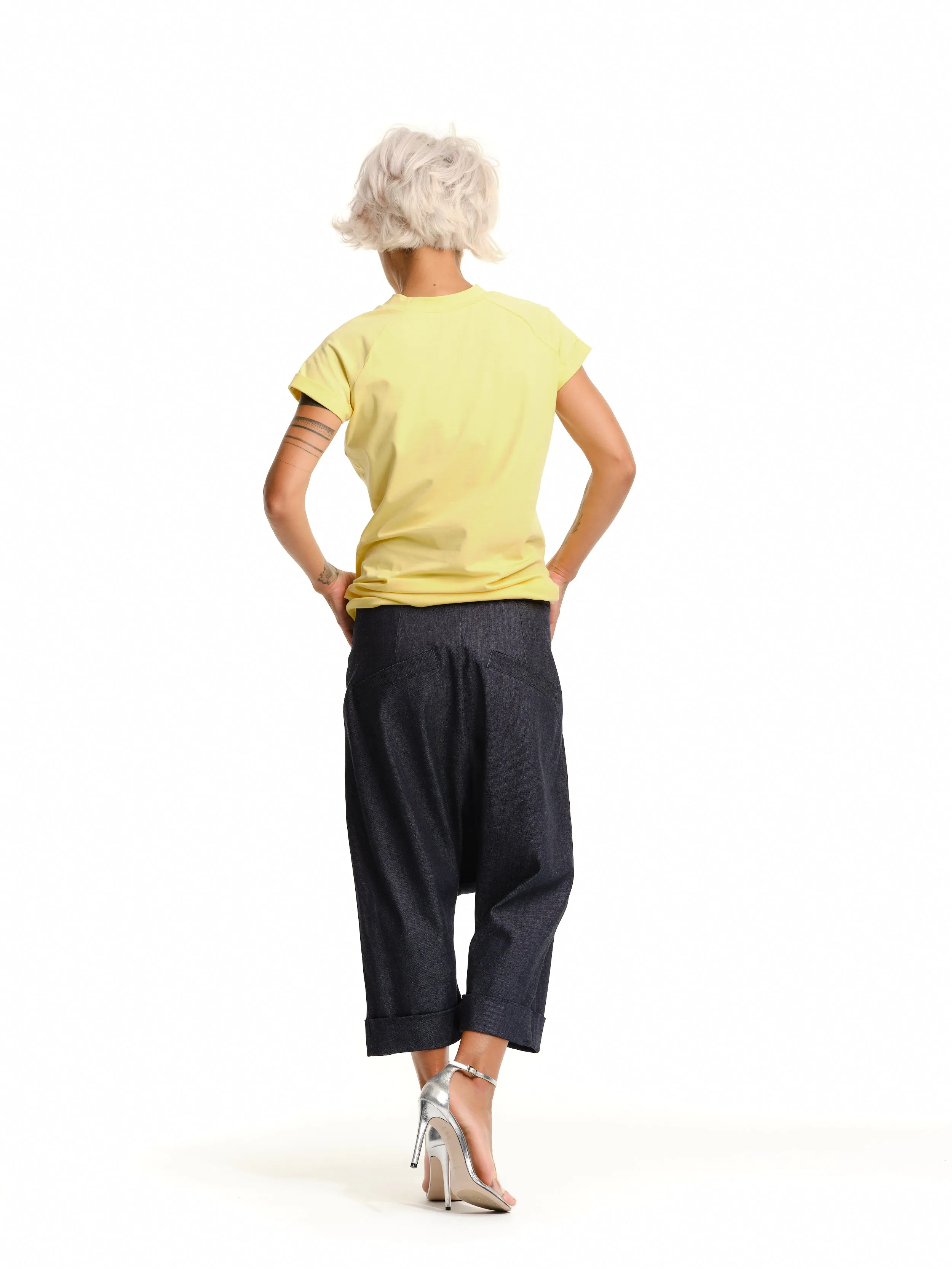 Denim Drop-Crotch Pants with Pockets