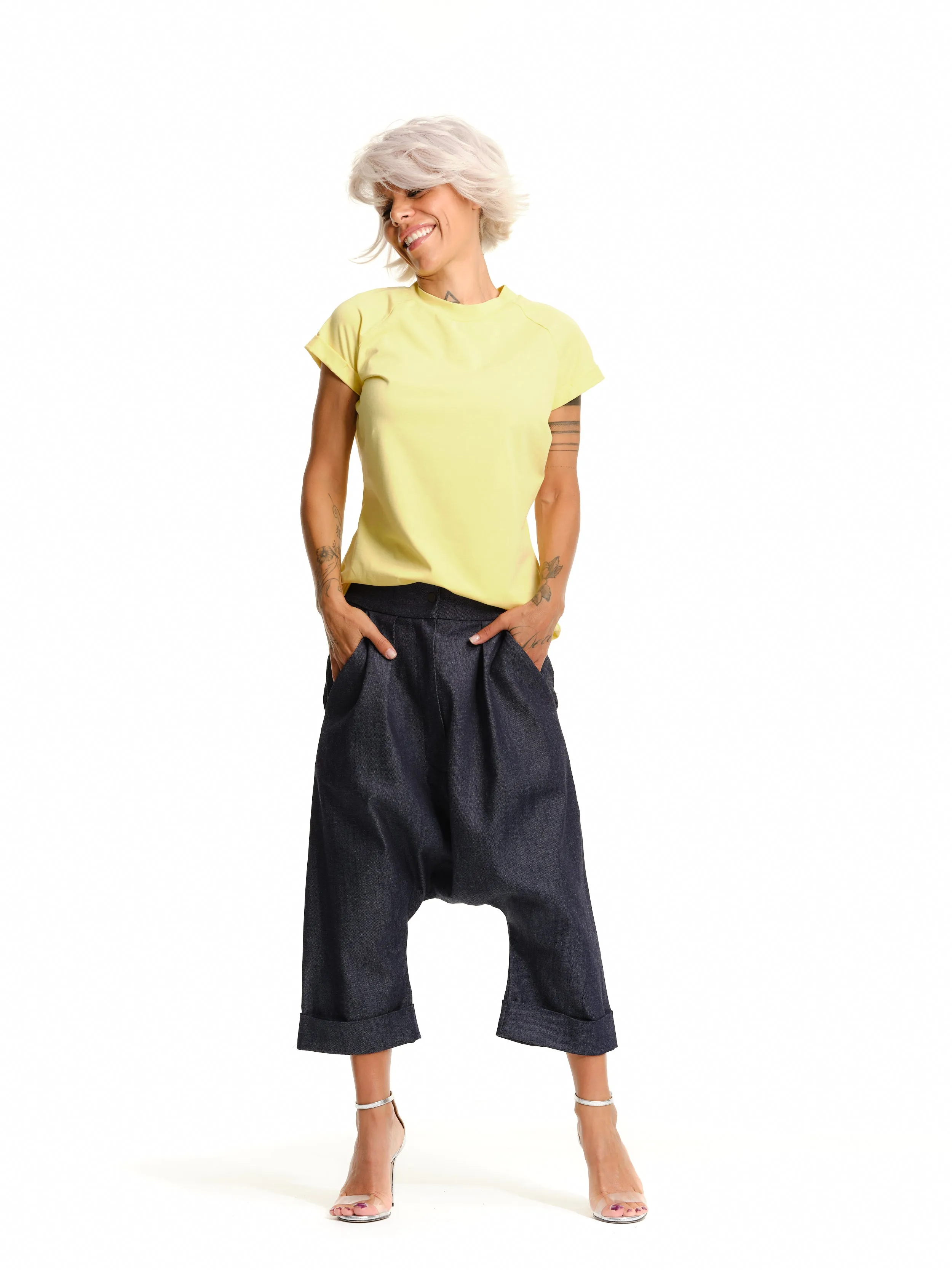 Denim Drop-Crotch Pants with Pockets