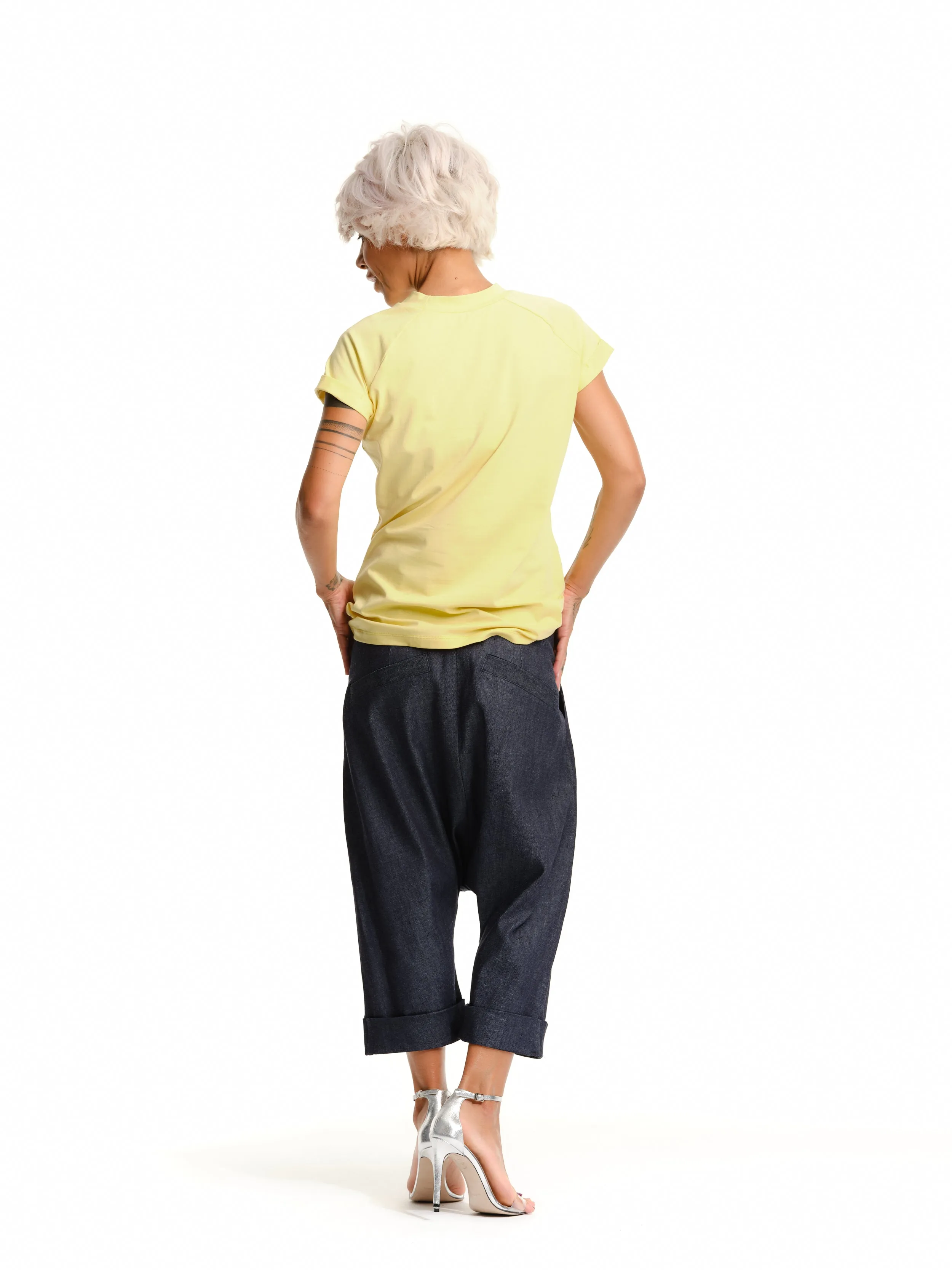 Denim Drop-Crotch Pants with Pockets