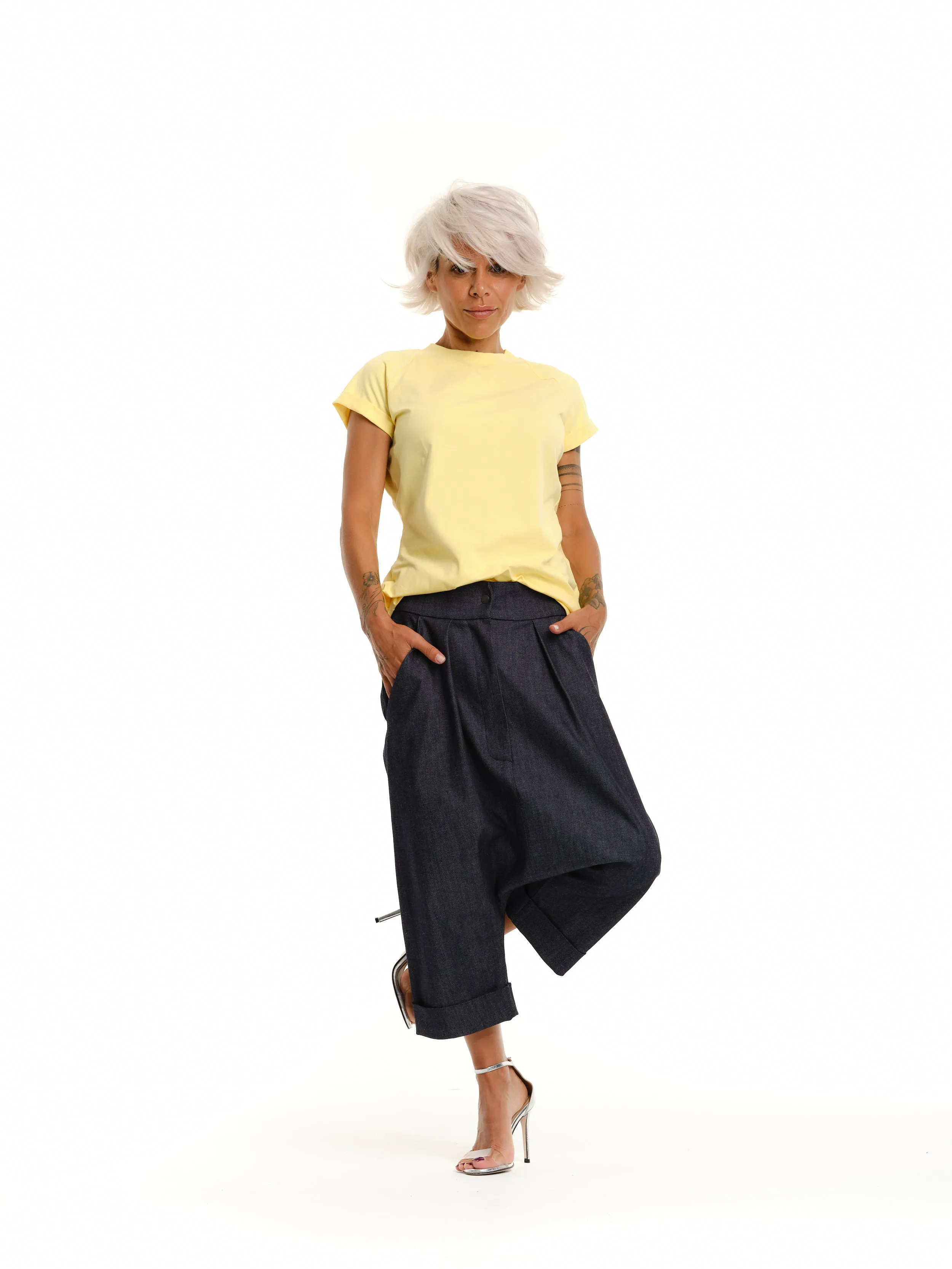 Denim Drop-Crotch Pants with Pockets