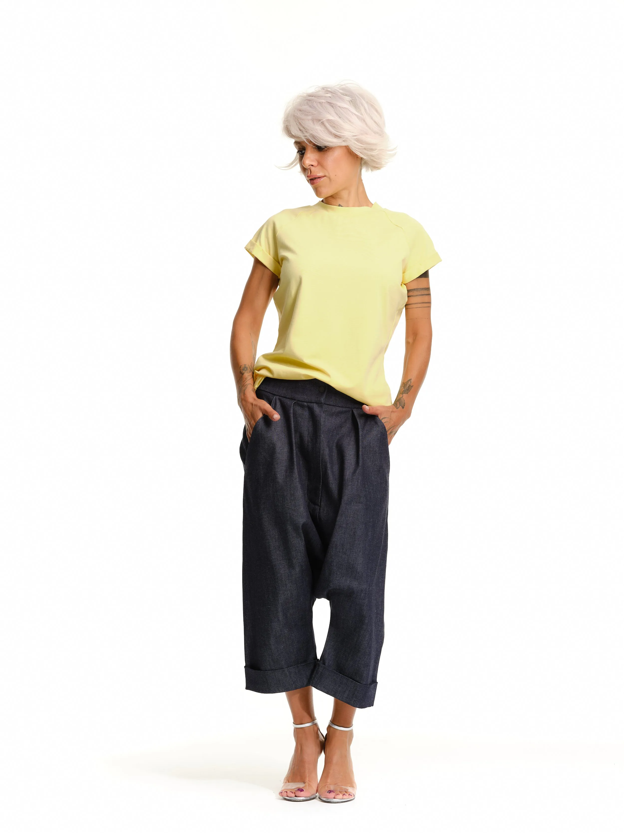 Denim Drop-Crotch Pants with Pockets