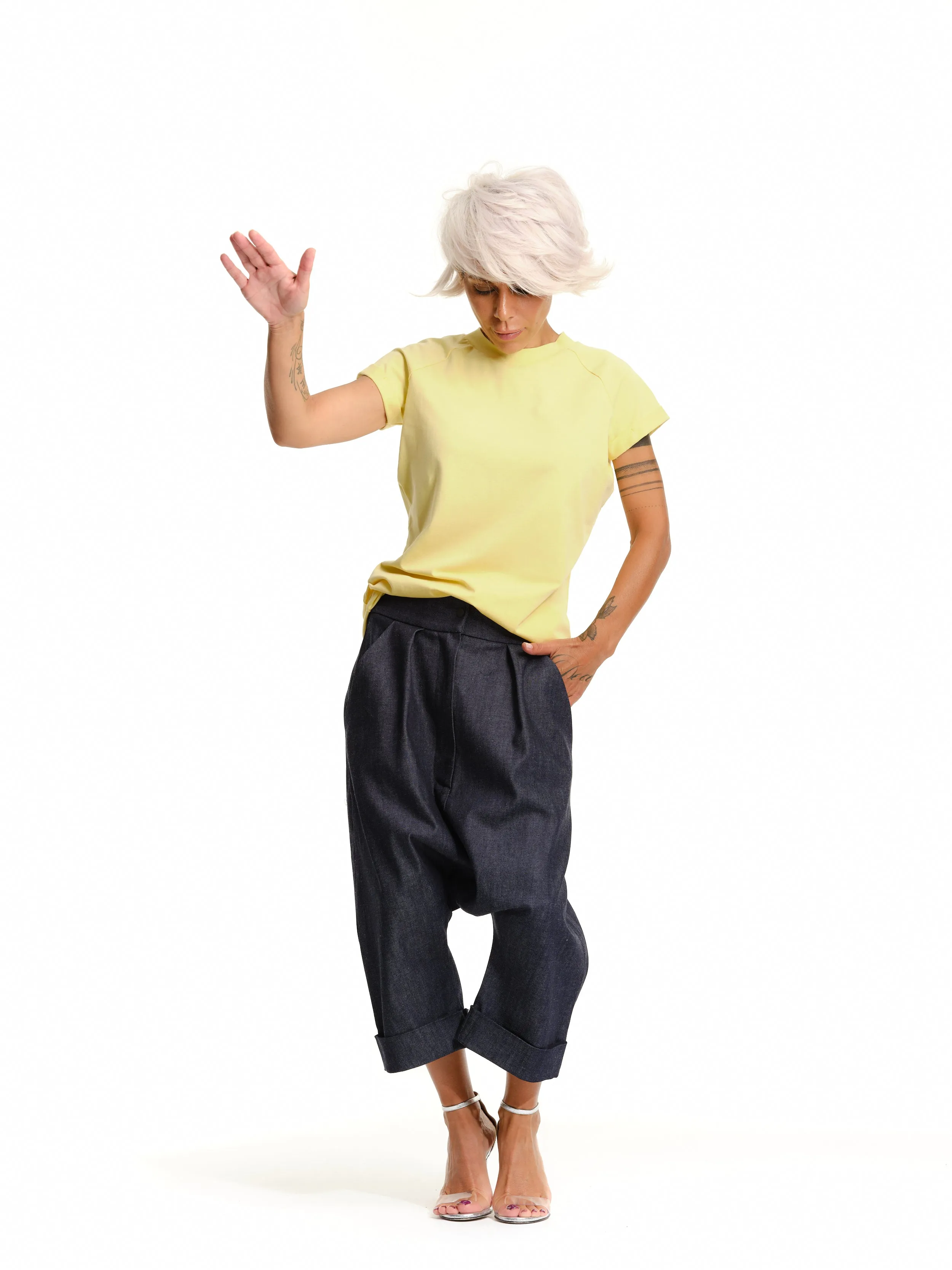 Denim Drop-Crotch Pants with Pockets