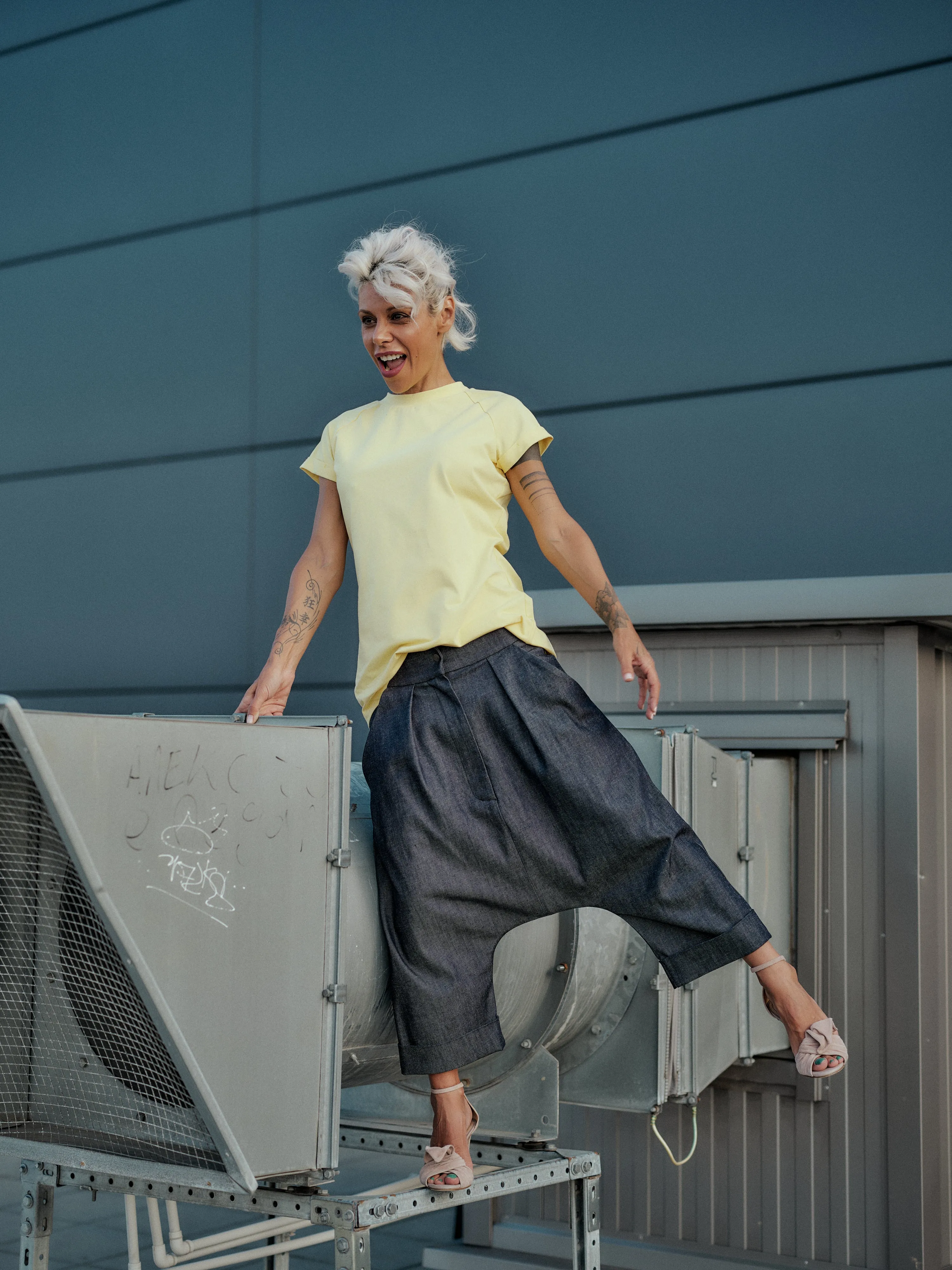 Denim Drop-Crotch Pants with Pockets