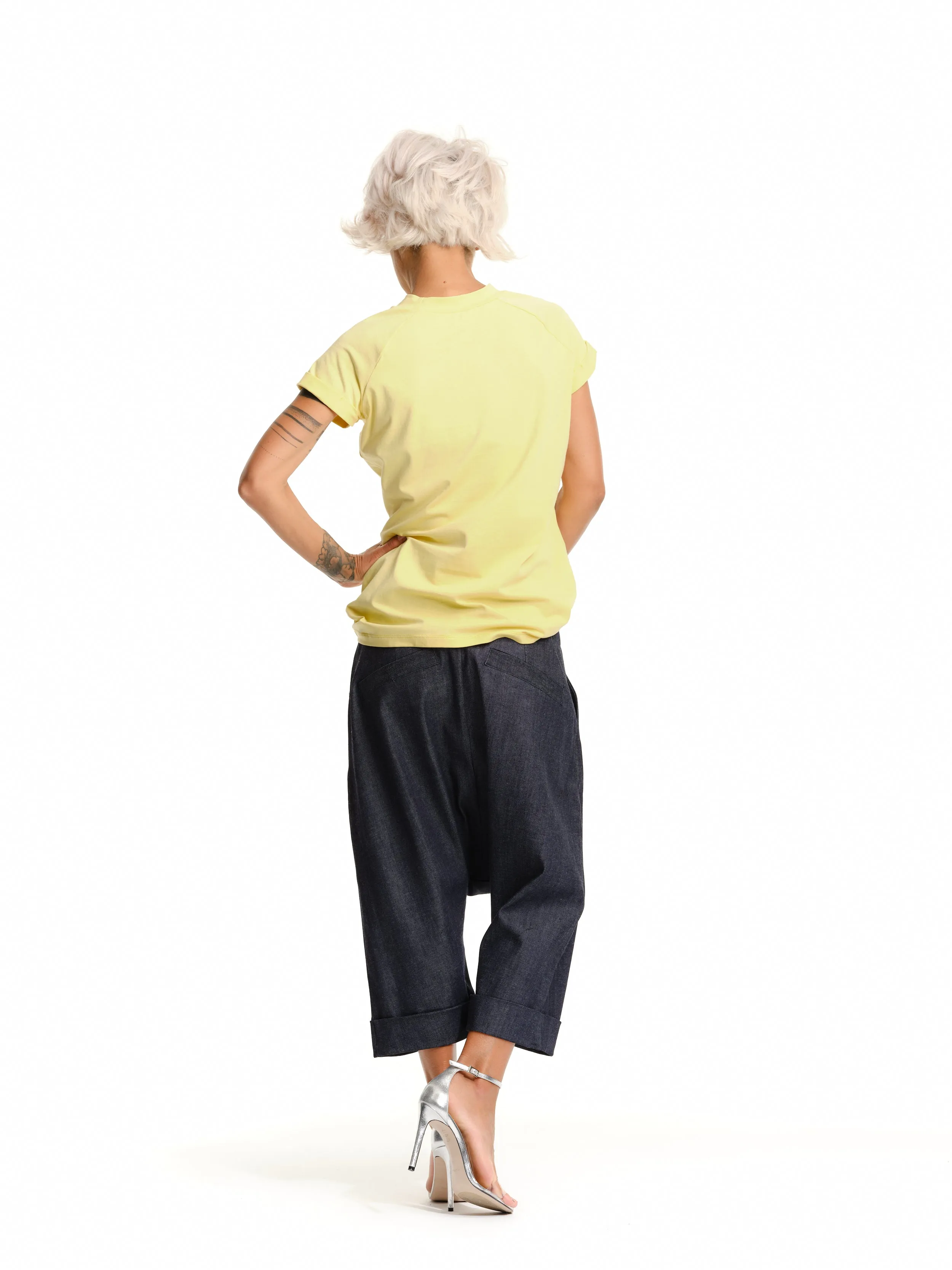 Denim Drop-Crotch Pants with Pockets