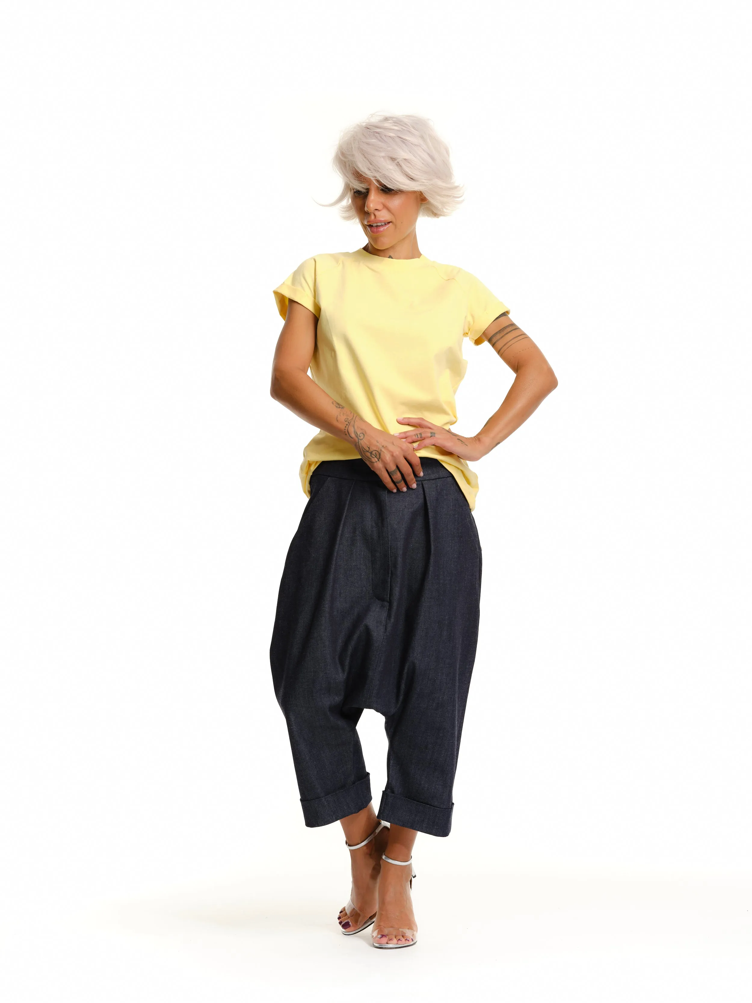 Denim Drop-Crotch Pants with Pockets