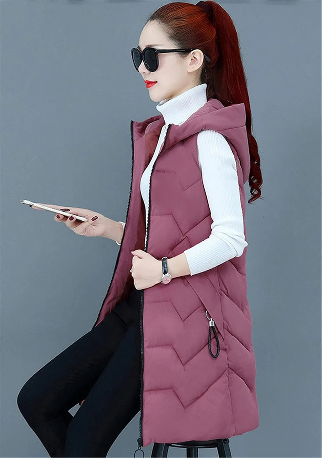 DIACACY Women's Fashion Down Vest Long Section Slim Vest Solid Color Zip Sleeveless Waist coats