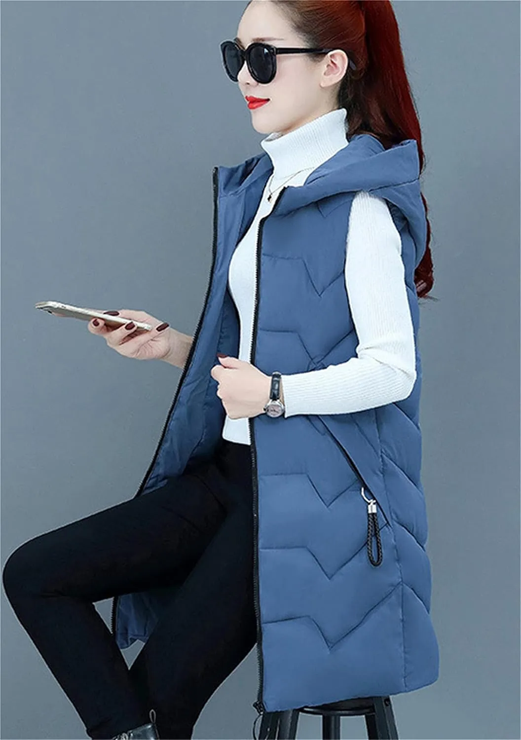 DIACACY Women's Fashion Down Vest Long Section Slim Vest Solid Color Zip Sleeveless Waist coats