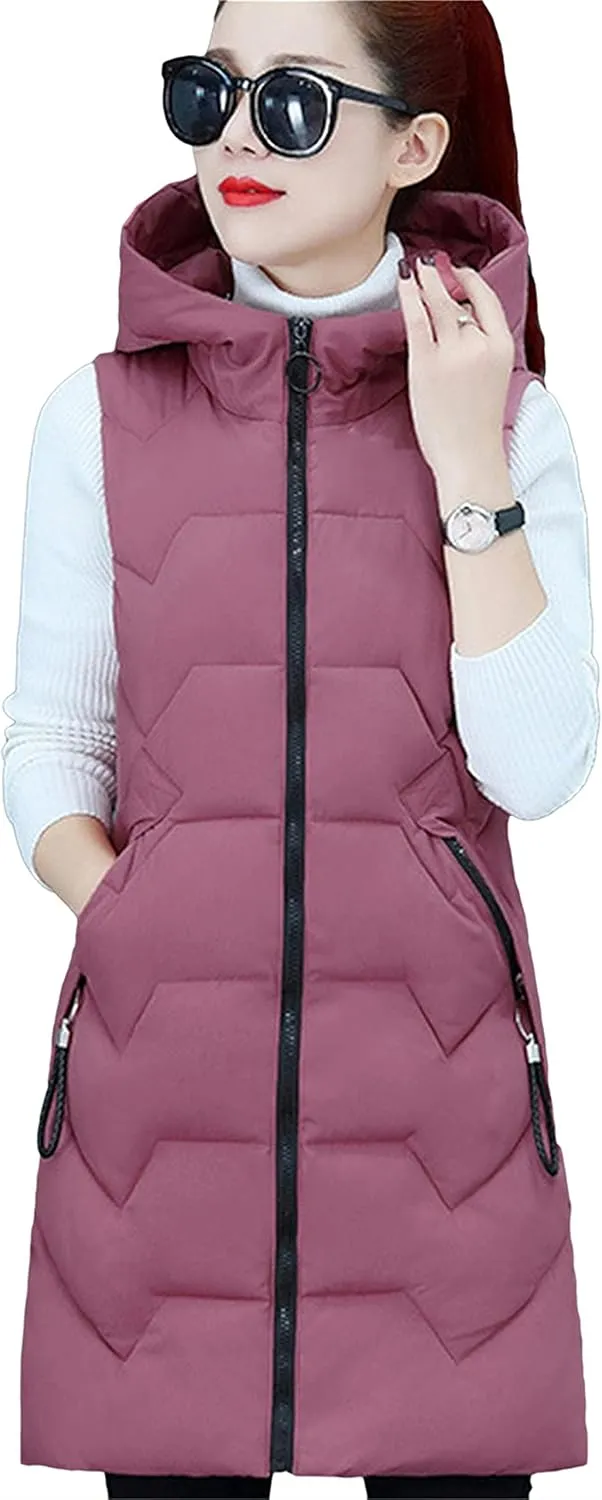DIACACY Women's Fashion Down Vest Long Section Slim Vest Solid Color Zip Sleeveless Waist coats