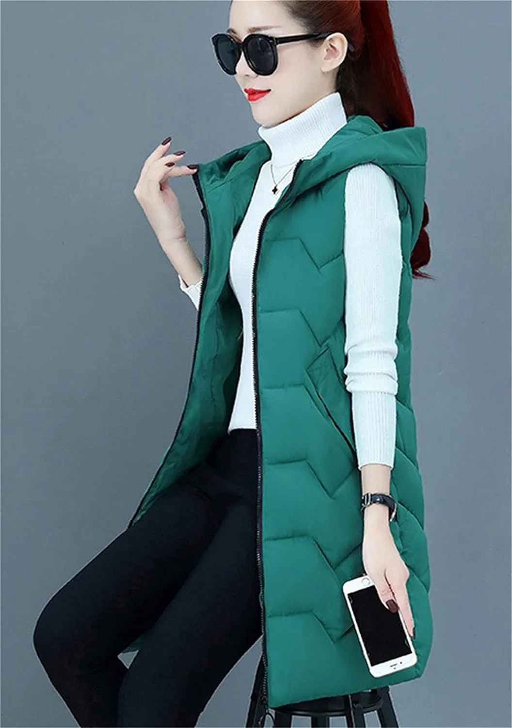 DIACACY Women's Fashion Down Vest Long Section Slim Vest Solid Color Zip Sleeveless Waist coats