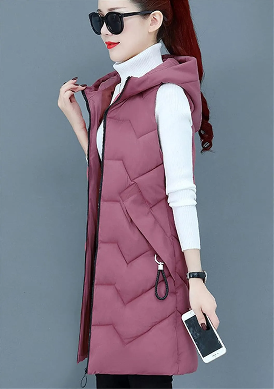 DIACACY Women's Fashion Down Vest Long Section Slim Vest Solid Color Zip Sleeveless Waist coats