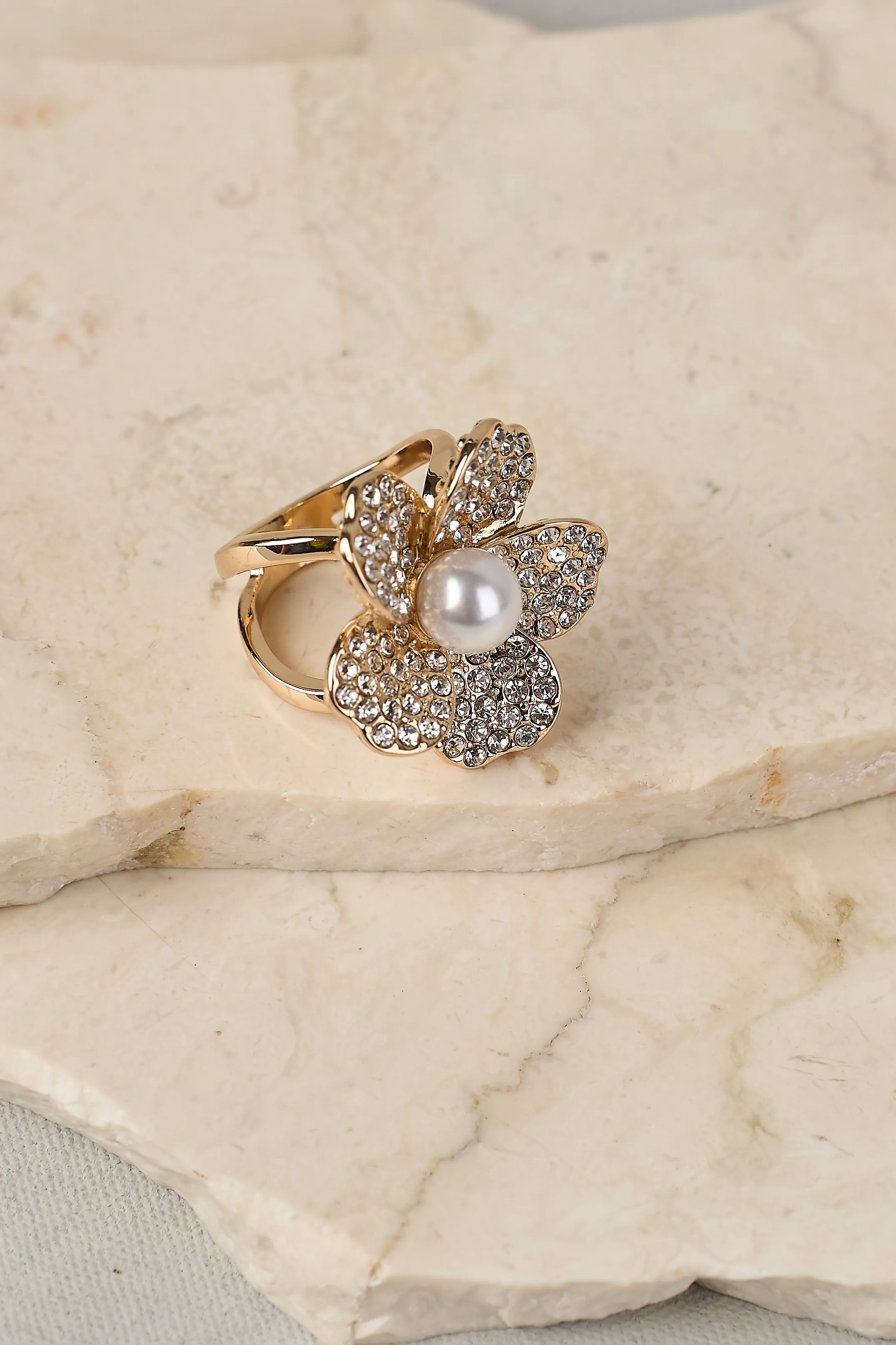 Diamante Floral Scarf Ring - White