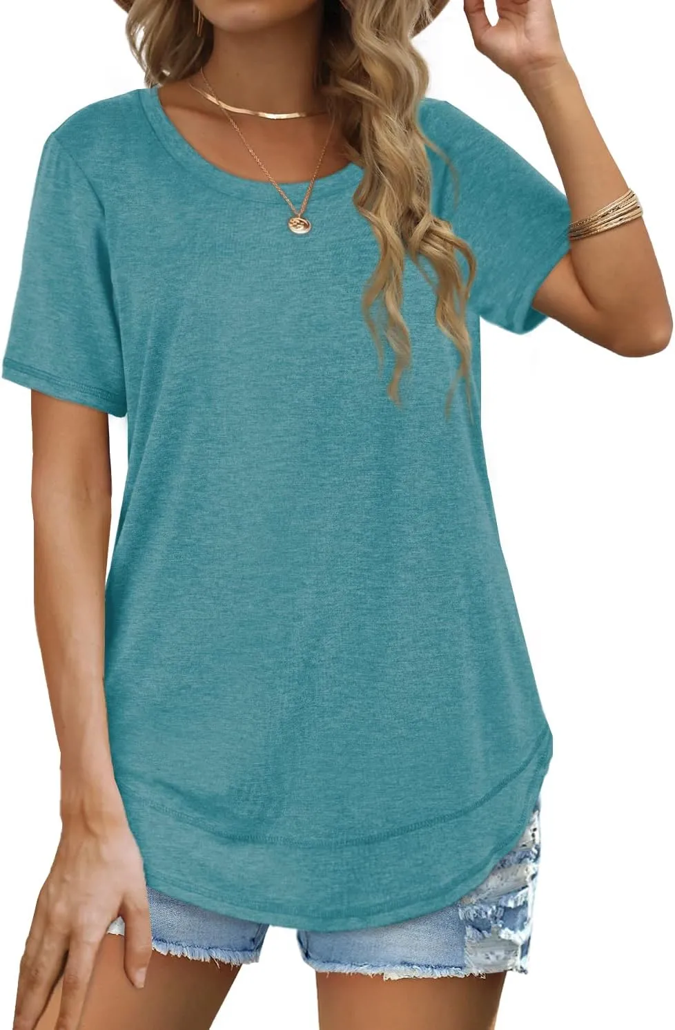 Dofaoo Womens Tops Short Sleeve Summer T-Shirts Curved Hem Casual Fashion Shirts Beach Vacation Clothes