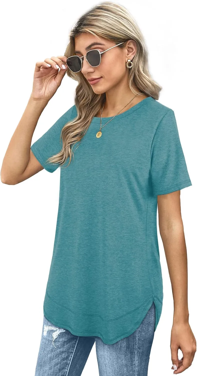 Dofaoo Womens Tops Short Sleeve Summer T-Shirts Curved Hem Casual Fashion Shirts Beach Vacation Clothes