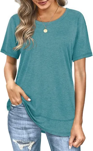 Dofaoo Womens Tops Short Sleeve Summer T-Shirts Curved Hem Casual Fashion Shirts Beach Vacation Clothes