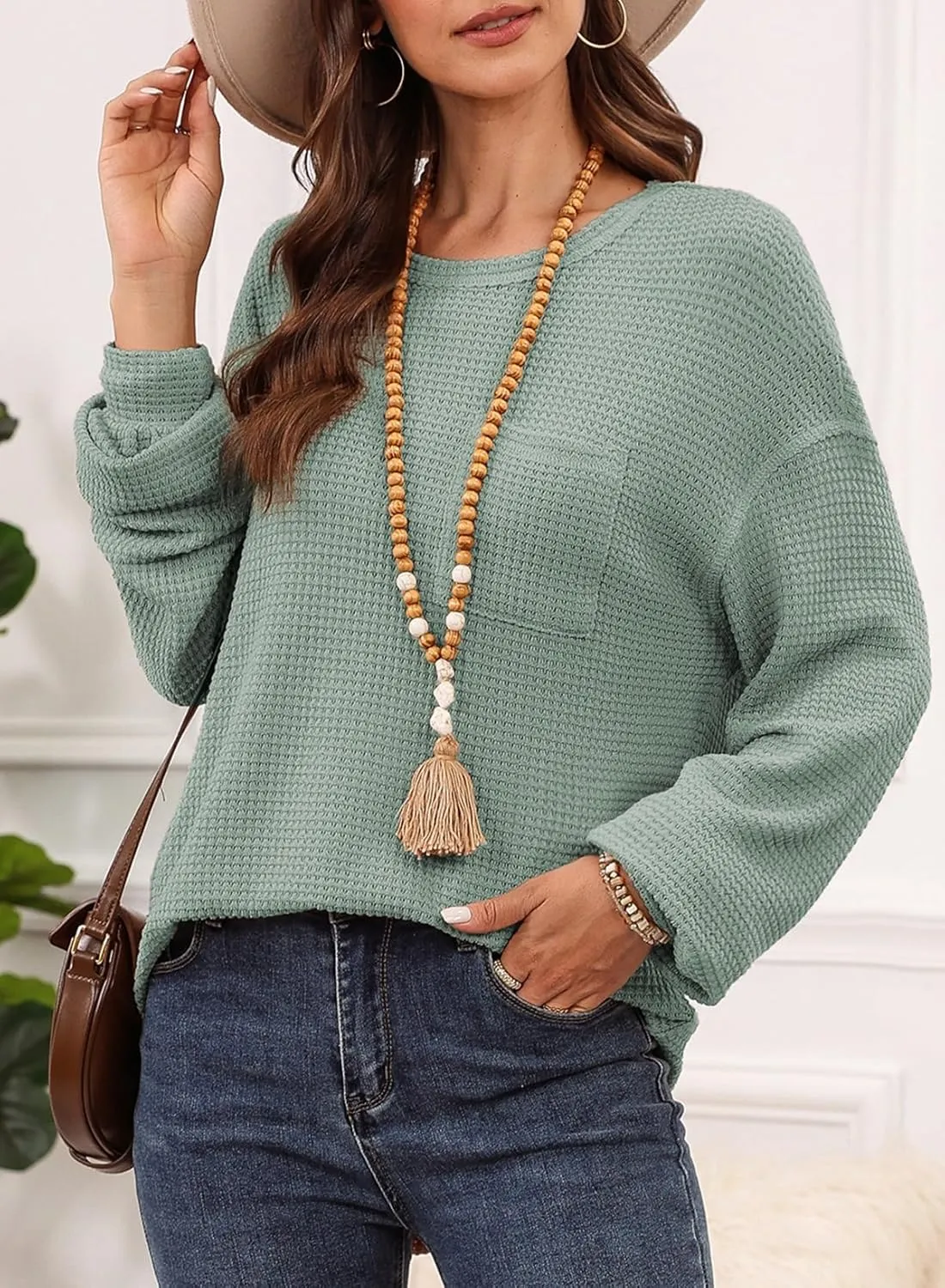 Dokotoo Womens Tops 2025 Oversized Long Sleeve Crewneck Waffle Knit Shirts Business Casual Blouses Basic Shirts