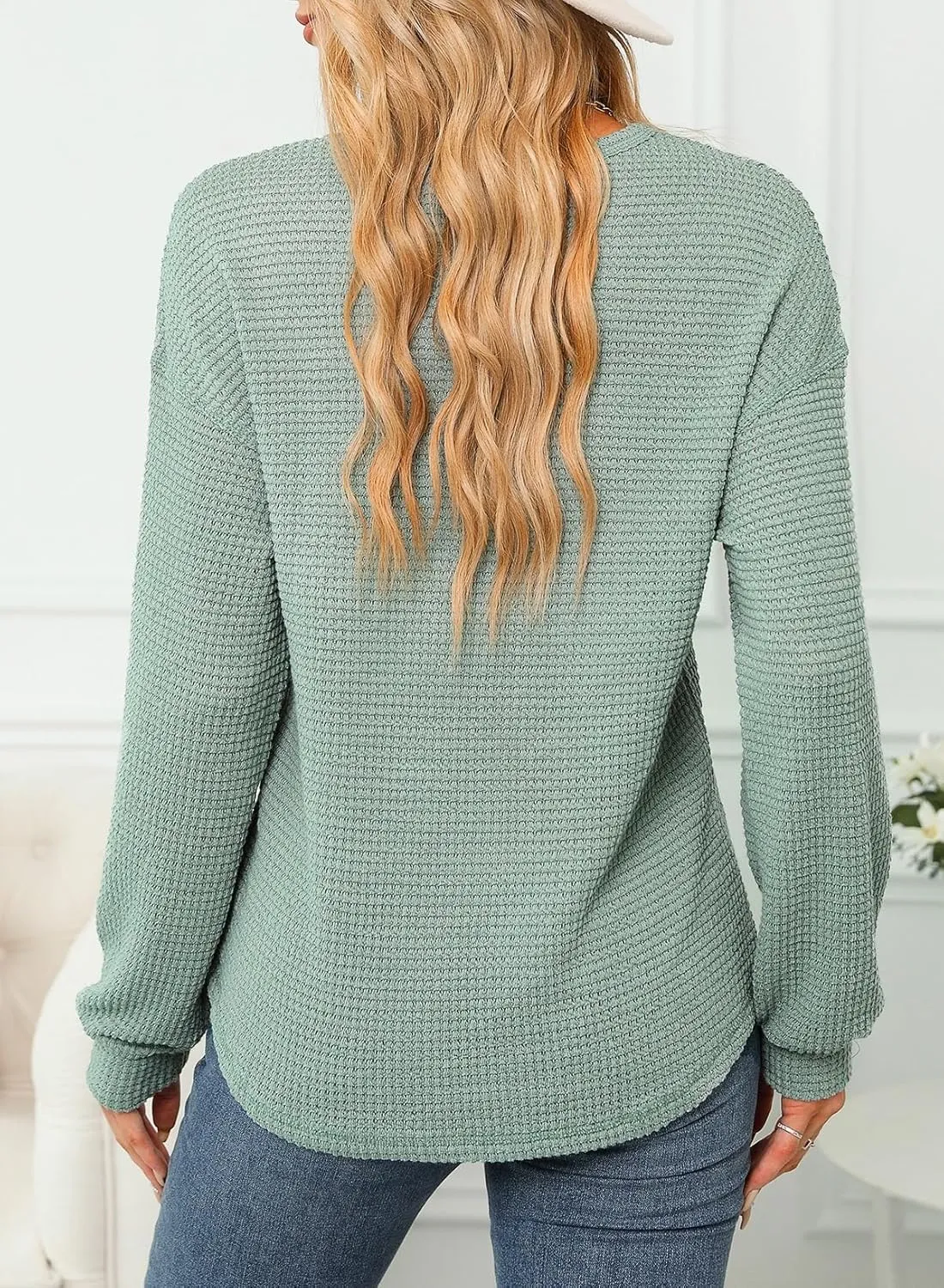Dokotoo Womens Tops 2025 Oversized Long Sleeve Crewneck Waffle Knit Shirts Business Casual Blouses Basic Shirts