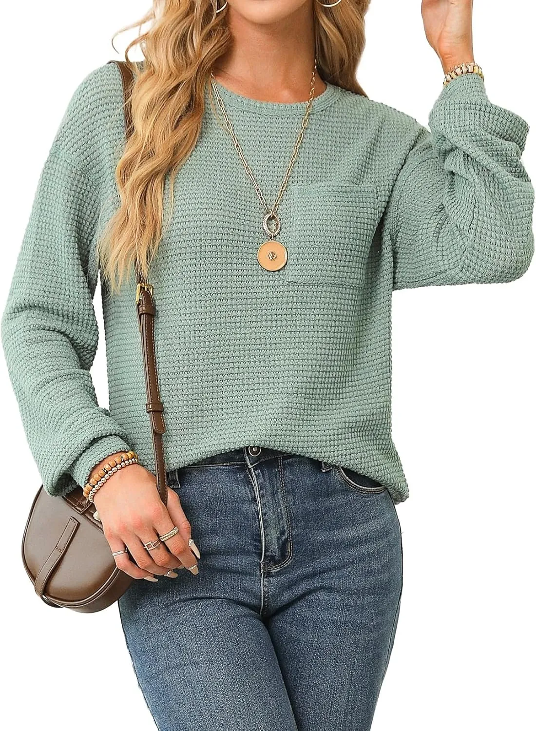 Dokotoo Womens Tops 2025 Oversized Long Sleeve Crewneck Waffle Knit Shirts Business Casual Blouses Basic Shirts