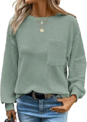 Dokotoo Womens Tops 2025 Oversized Long Sleeve Crewneck Waffle Knit Shirts Business Casual Blouses Basic Shirts