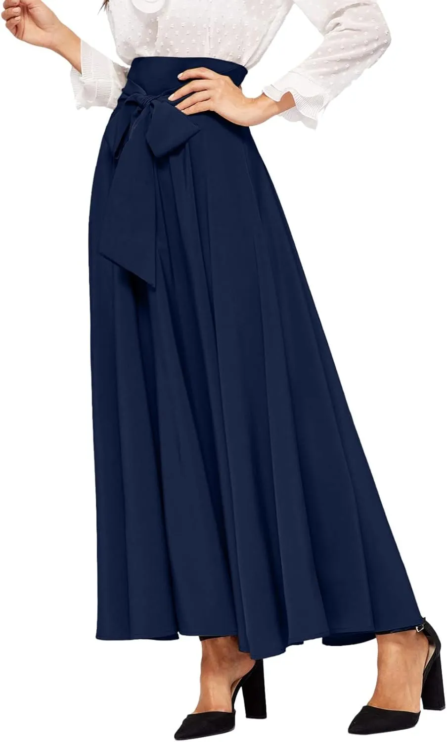 Dressy Skirts for Women Flowy Ruffle Swing High Waisted Bow Front Pleated Maxi Skirts Fall Business Work Suit Dresses