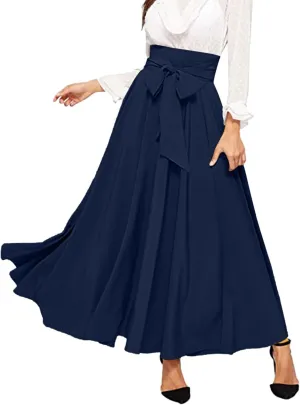 Dressy Skirts for Women Flowy Ruffle Swing High Waisted Bow Front Pleated Maxi Skirts Fall Business Work Suit Dresses