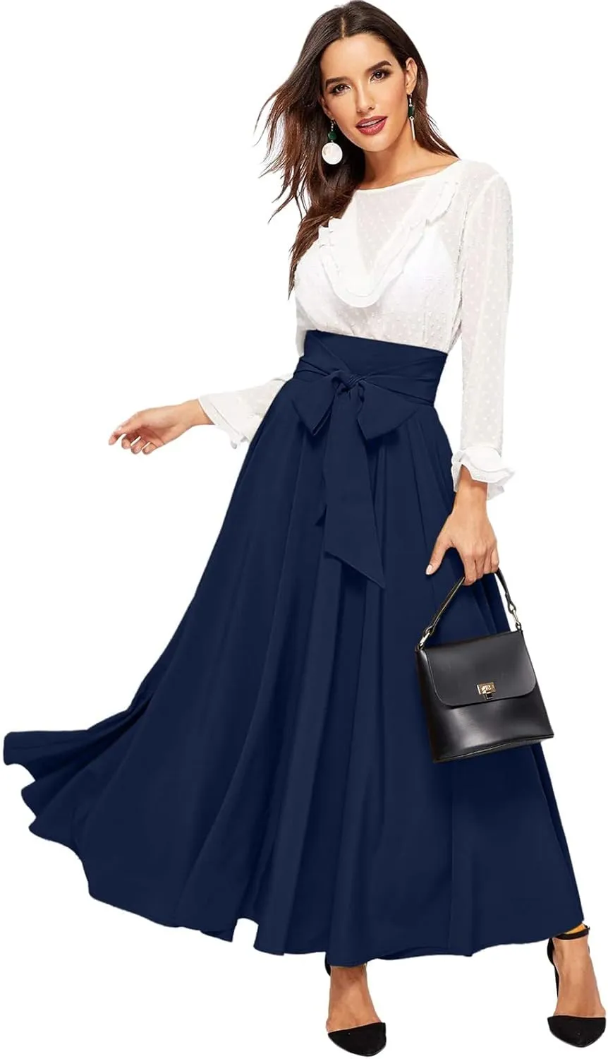 Dressy Skirts for Women Flowy Ruffle Swing High Waisted Bow Front Pleated Maxi Skirts Fall Business Work Suit Dresses