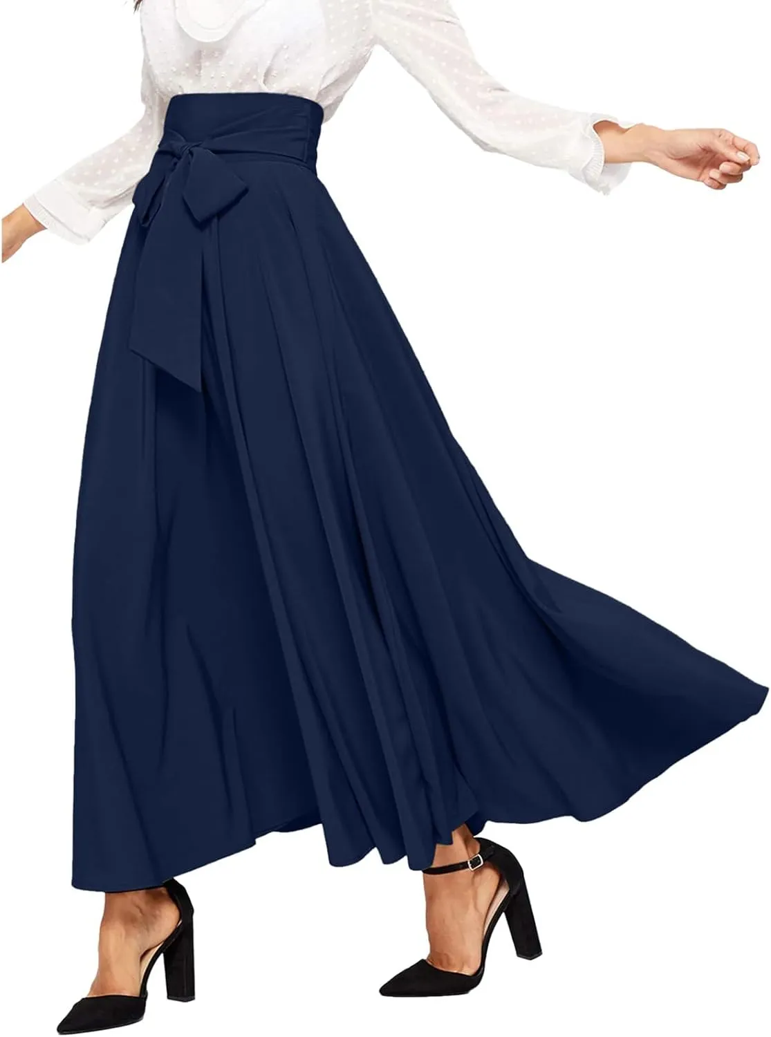 Dressy Skirts for Women Flowy Ruffle Swing High Waisted Bow Front Pleated Maxi Skirts Fall Business Work Suit Dresses