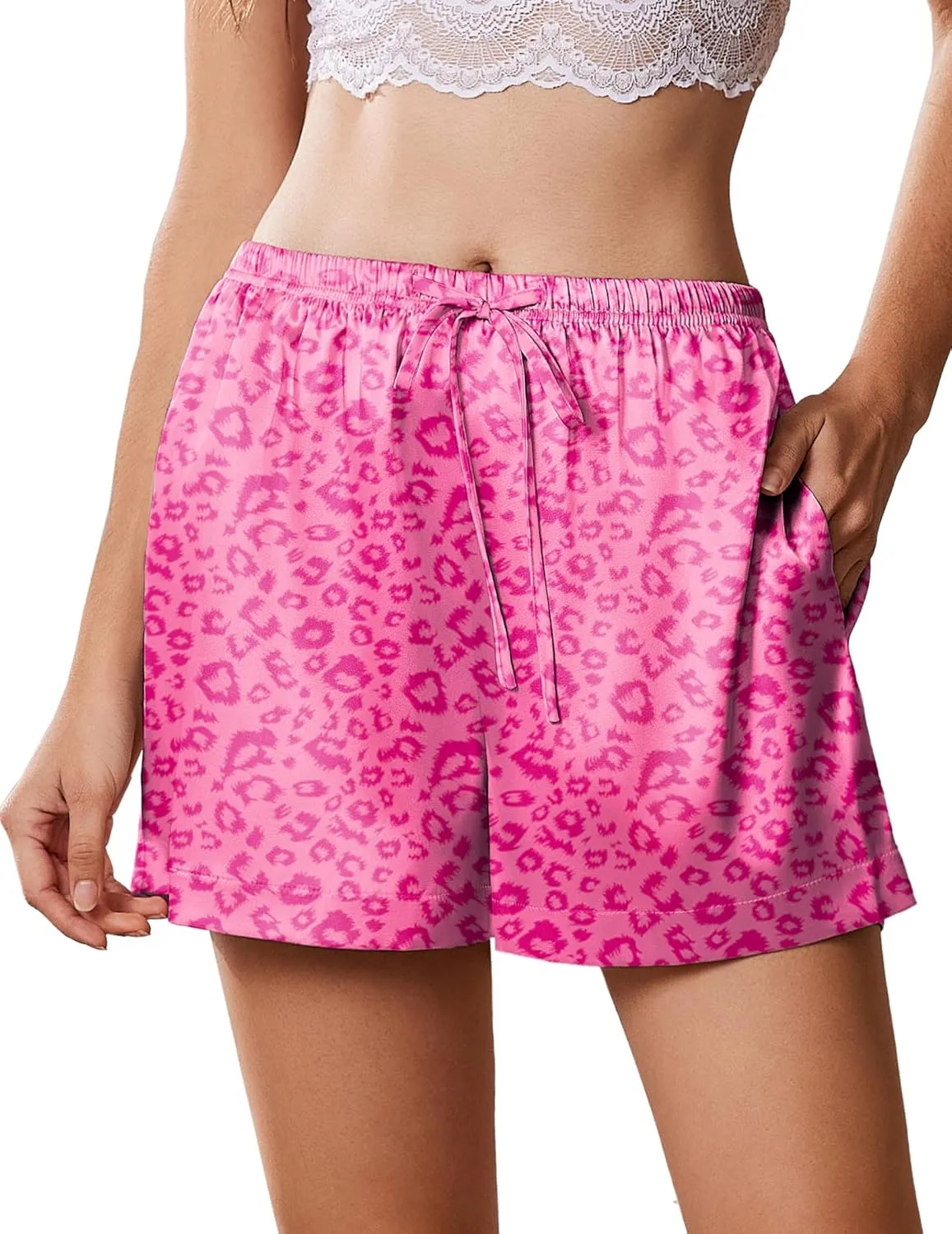 Ekouaer Womens Silk Satin Pajama Short Casual Sleep Shorts Summer Lounge Sleep Pj Short with Pockets Soft Lounge Shorts