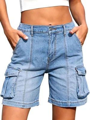 ELLEVEN Bermuda Cargo Shorts Women, Elastic High Waist 6 Pockets Shorts 7 Inch Inseam Summer Jorts for Women Casual