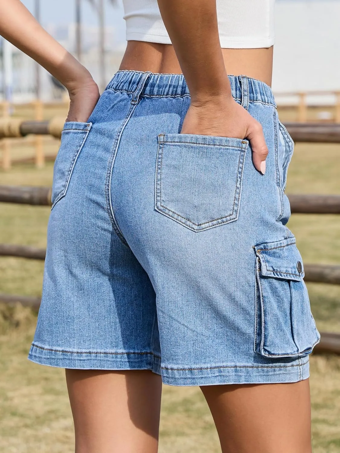 ELLEVEN Bermuda Cargo Shorts Women, Elastic High Waist 6 Pockets Shorts 7 Inch Inseam Summer Jorts for Women Casual