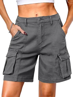 ELLEVEN Bermuda Cargo Shorts Women, Elastic High Waist 6 Pockets Shorts 7 Inch Inseam Summer Jorts for Women Casual