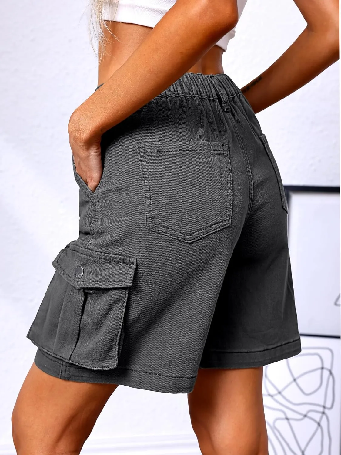 ELLEVEN Bermuda Cargo Shorts Women, Elastic High Waist 6 Pockets Shorts 7 Inch Inseam Summer Jorts for Women Casual