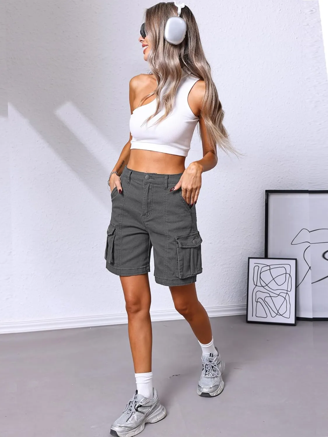 ELLEVEN Bermuda Cargo Shorts Women, Elastic High Waist 6 Pockets Shorts 7 Inch Inseam Summer Jorts for Women Casual