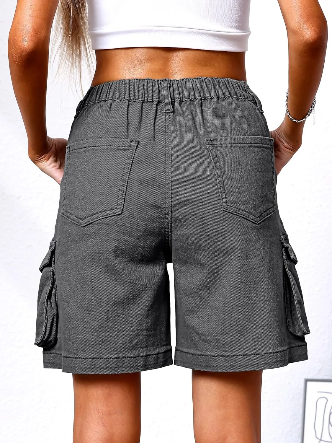 ELLEVEN Bermuda Cargo Shorts Women, Elastic High Waist 6 Pockets Shorts 7 Inch Inseam Summer Jorts for Women Casual