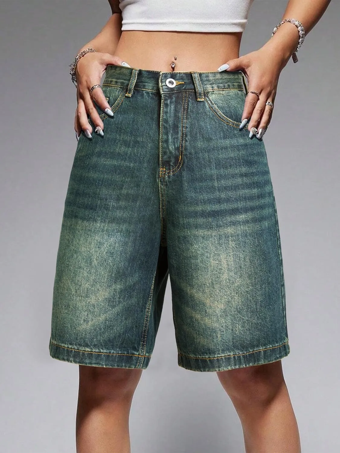 EMMIOL Women Jorts Baggy Jeans Shorts Mid-Low Waisted Denim Y2K Hip-Hop Shorts Summer Hot Short Pants Streetwear