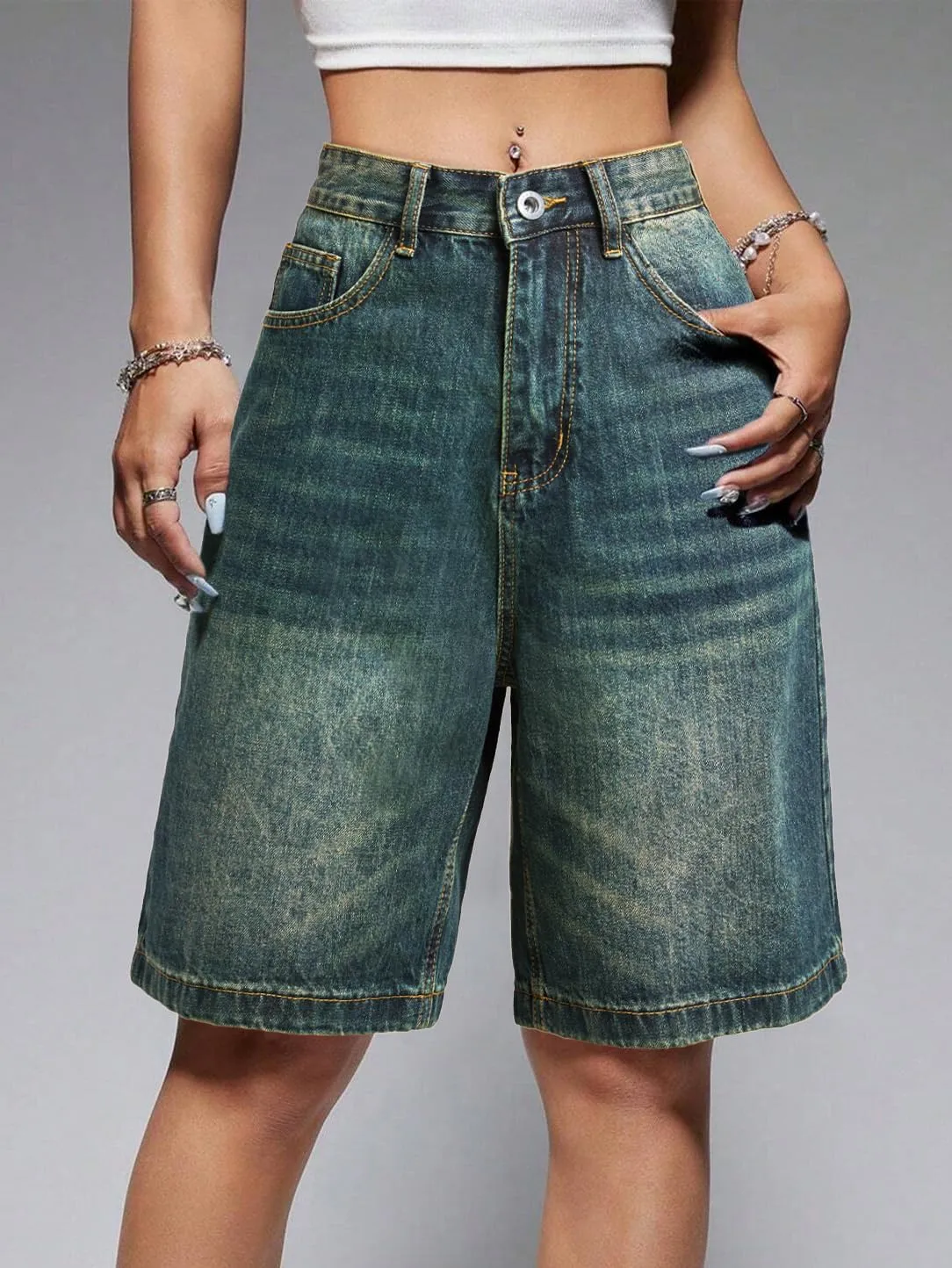 EMMIOL Women Jorts Baggy Jeans Shorts Mid-Low Waisted Denim Y2K Hip-Hop Shorts Summer Hot Short Pants Streetwear