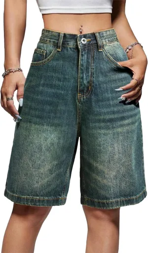 EMMIOL Women Jorts Baggy Jeans Shorts Mid-Low Waisted Denim Y2K Hip-Hop Shorts Summer Hot Short Pants Streetwear