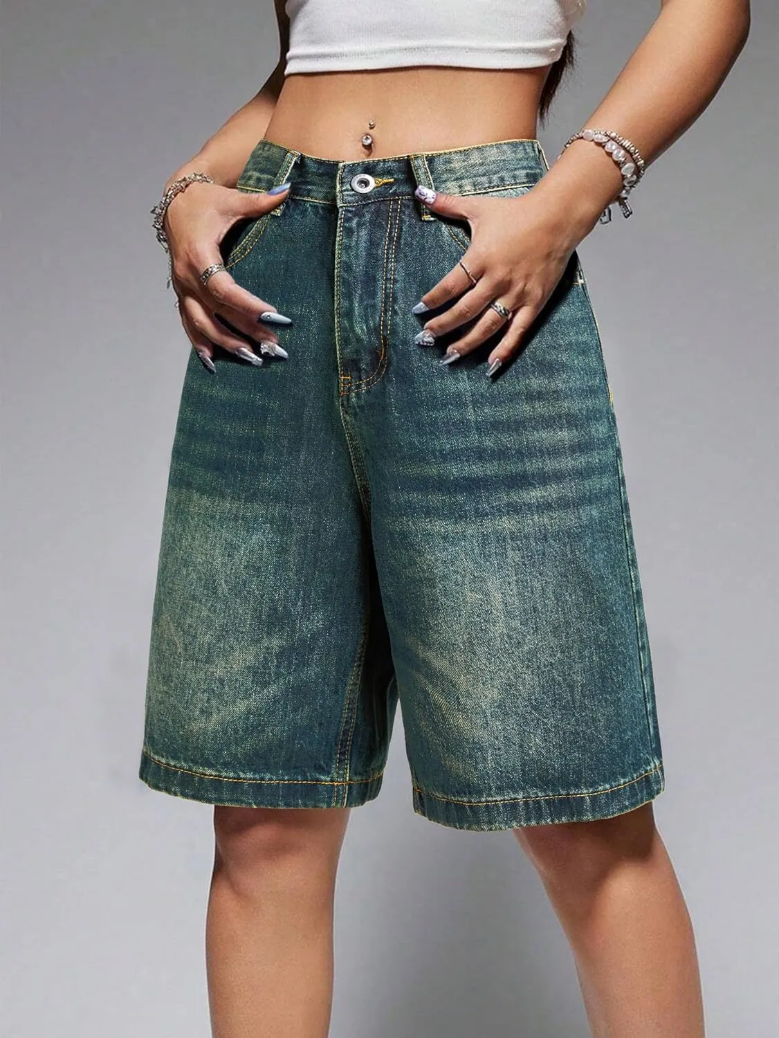 EMMIOL Women Jorts Baggy Jeans Shorts Mid-Low Waisted Denim Y2K Hip-Hop Shorts Summer Hot Short Pants Streetwear