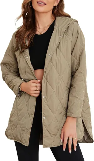 EVALESS Long Jackets for Women Fashion 2024 Winter Coat for Women Business Casual Diamond Quilted Hooded Lightweight Jackets