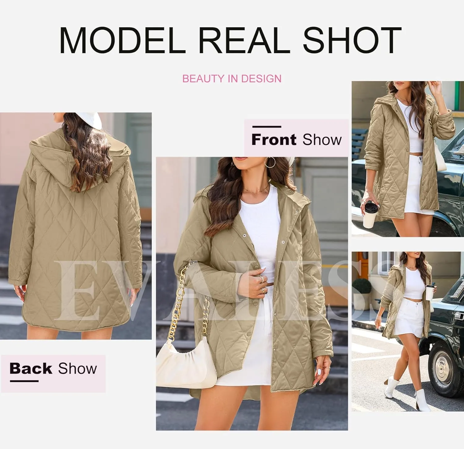 EVALESS Long Jackets for Women Fashion 2024 Winter Coat for Women Business Casual Diamond Quilted Hooded Lightweight Jackets