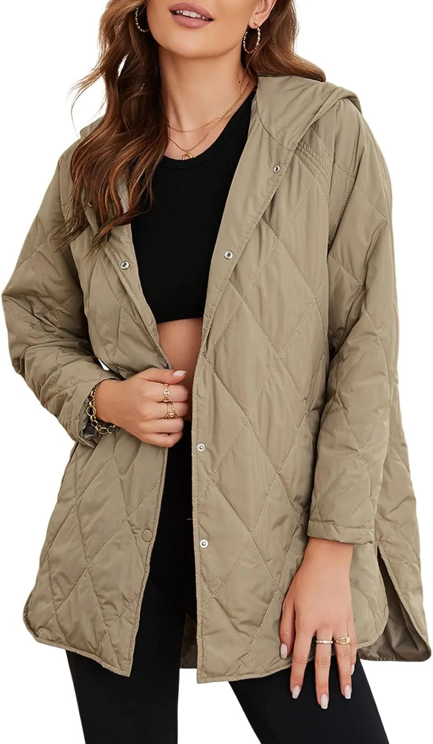 EVALESS Long Jackets for Women Fashion 2024 Winter Coat for Women Business Casual Diamond Quilted Hooded Lightweight Jackets
